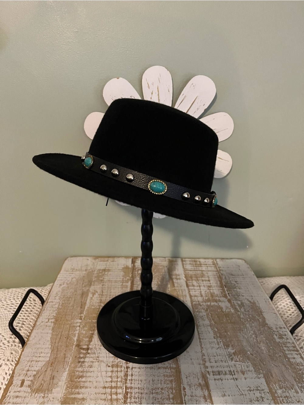 Source Unknown Black Wide-Brim Fedora with Turquoise Accents
